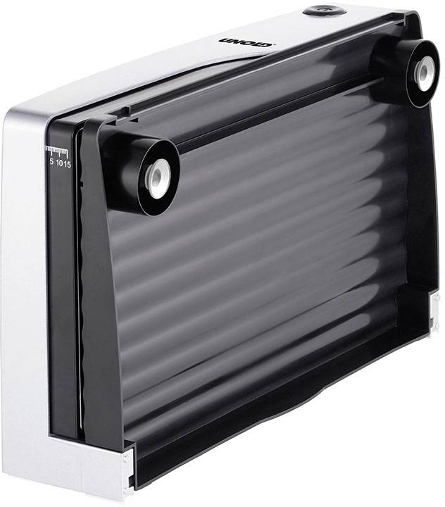 Zilveren, horizontale broodrooster-opzetstuk voor een broodrooster met zwarte rooster en verstelbare rollen, geschikt voor het opwarmen van brood.