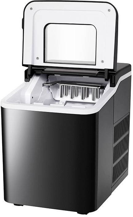 Compacte zwart-zilveren ijsblokjesmachine met geopend deksel, toont binnenkant en ijsblokjesvormen, geschikt voor thuisgebruik.