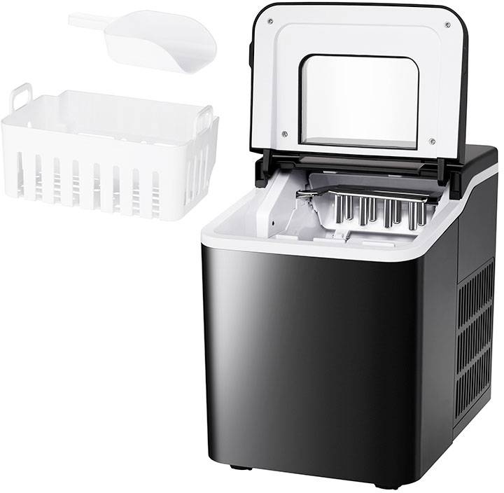 Een zwarte ijsmachine met open deksel, een witte mand en een ijsschep.