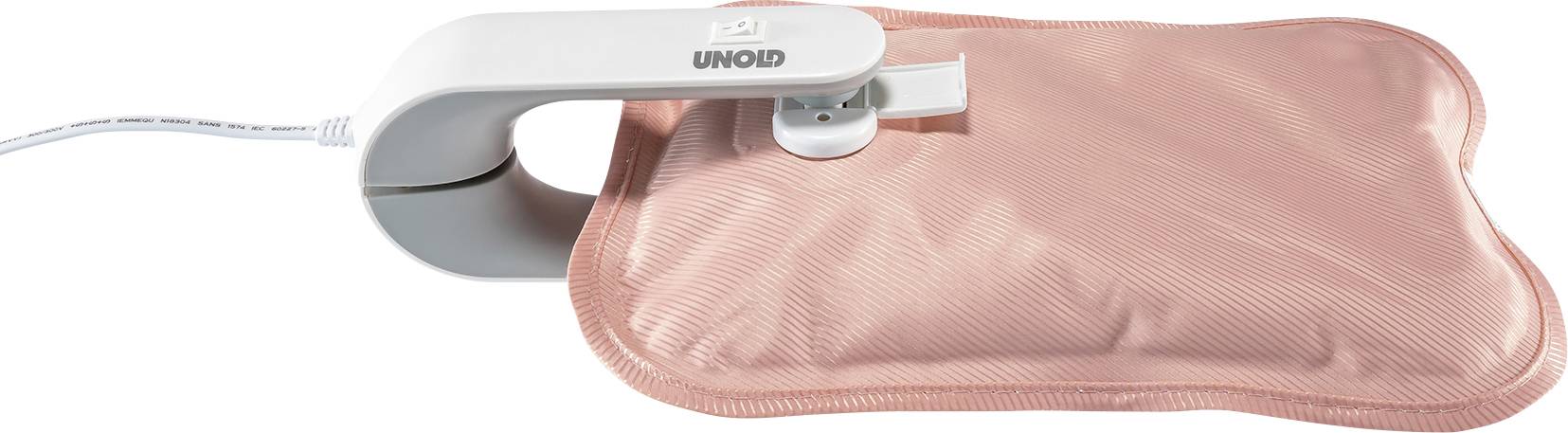 Een roze, elektrisch verwarmd warmtekussen met een witte stekker en kabel, ligt op een oppervlak.