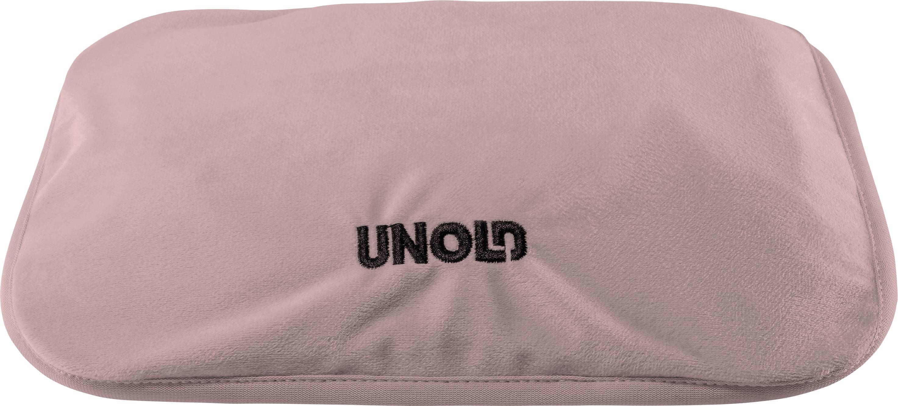 Een rechthoekig, roze kussen met de zwarte tekst 'UNOLD' in het midden.