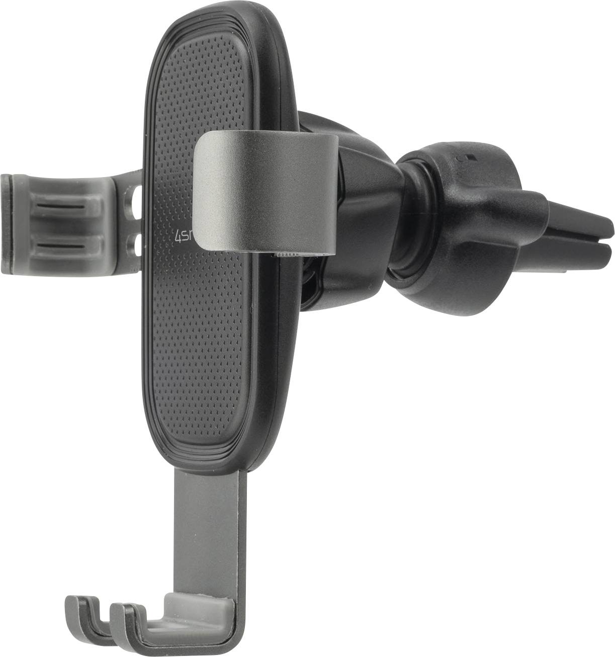 Zwarte telefoonhouder voor in de auto met rubberen inzetstuk. Bevestiging aan verluchtingsroosters door middel van klemmen.