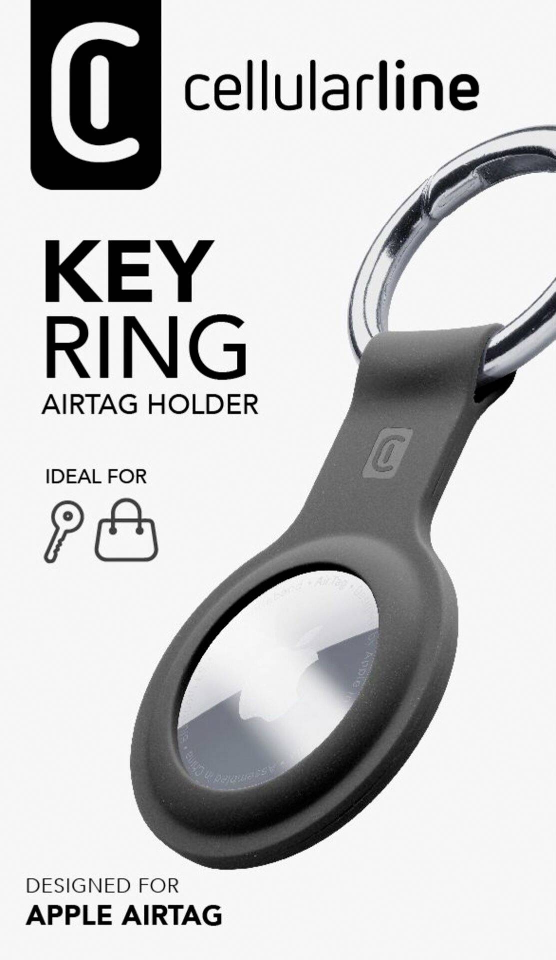 'Key Ring' Airtag-houder van Cellularline, ideaal voor bevestiging aan sleutels of tassen. Ontwikkeld voor Apple Airtag.