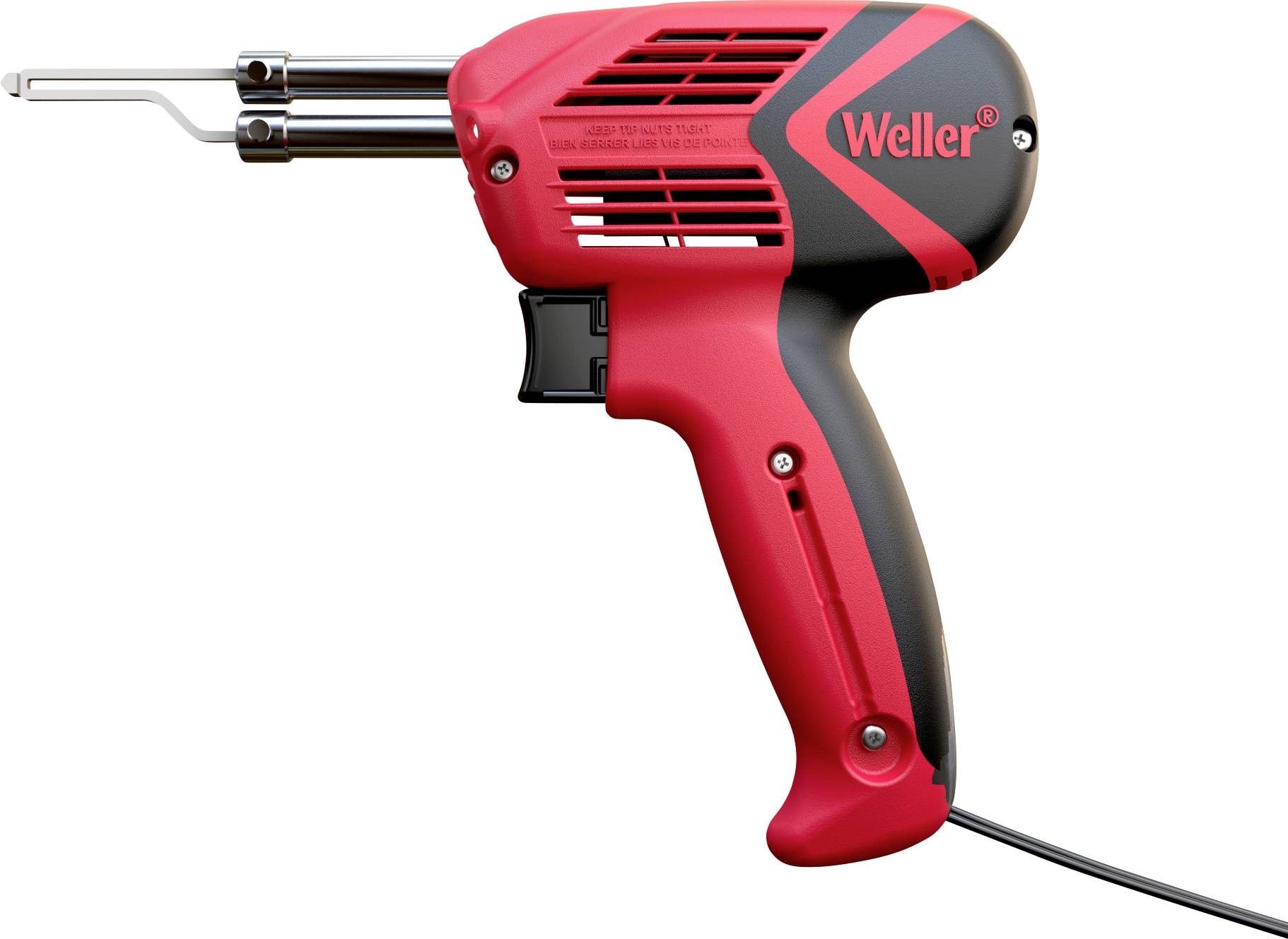 Een rode soldeerpistool met zwarte accenten en het merknaam 'Weller' in het wit. De pistool heeft een trekker en een kabel.
