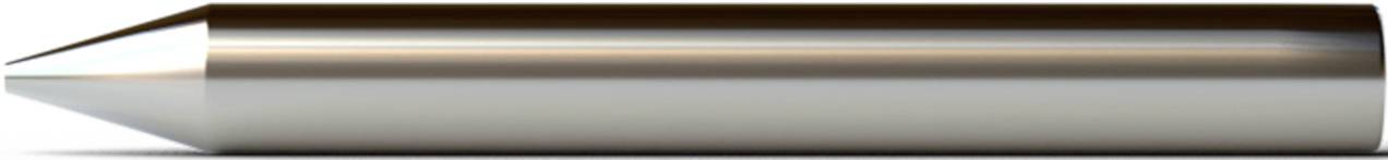 Een puntig toelopend metalen voorwerp, vergelijkbaar met een pen of een mondstuk, met een glanzende, reflecterende buitenkant.