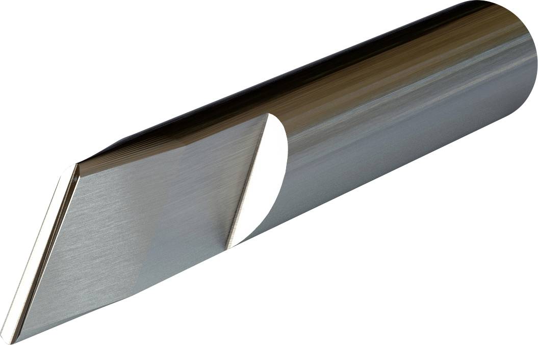Een zilveren snijinzetstuk met een scherpe, afgeschuinde punt, vaak gebruikt voor nauwkeurige, fijne sneden in materialen.
