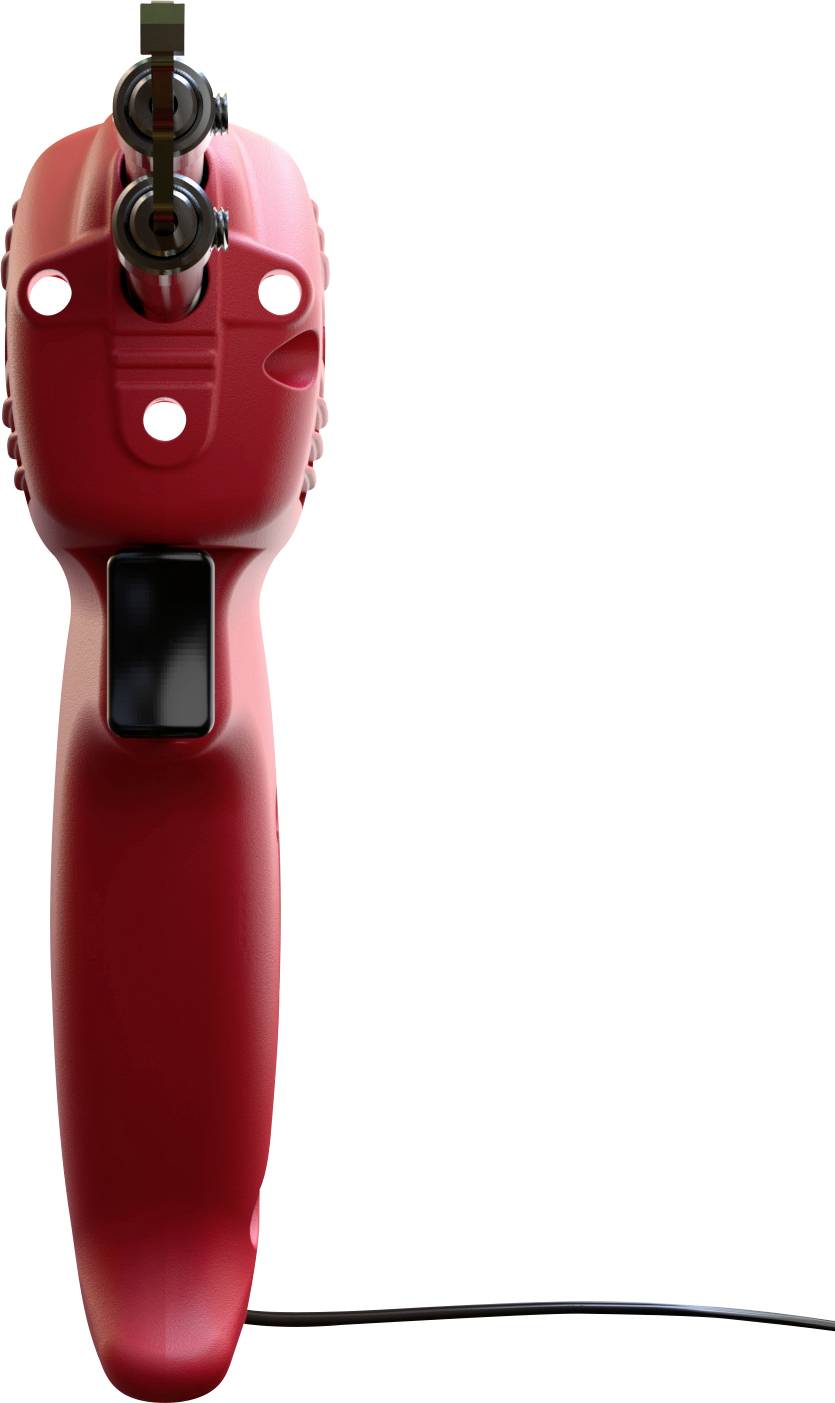 Elektrisch rood gereedschap dat eruitziet als een boormachine, frontaal gefotografeerd. Een kabel steekt uit de onderkant.