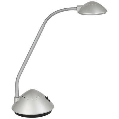 Zilveren bureaulamp met flexibele hals en ronde lampenkap, geplaatst op een driehoekige voet. Ideaal voor het lezen.