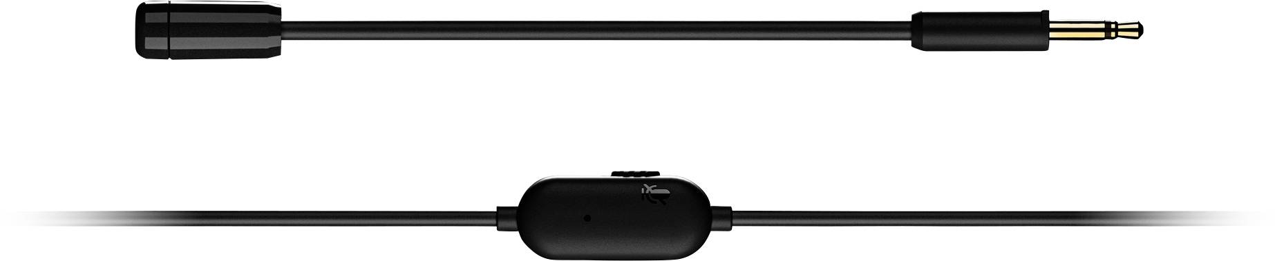 Een zwarte audiokabel met geïntegreerde volumeregeling en een 3,5-mm-stekker. Boven- en onderaanzicht van de kabel.