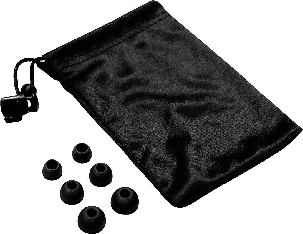Zwarte stoffen tas op witte achtergrond, naast zes siliconen oordopjes van verschillende groottes voor in-ear koptelefoons.