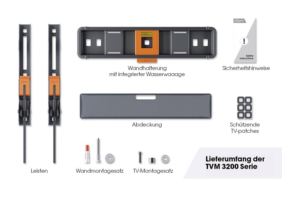 Leveringsomvang van de TVM 3200 serie: Wandbeugel met waterpas, latten, veiligheids- en montagehandleiding, afdekking, schroeven.