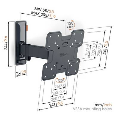 Wandsteun voor tv-monitor met kantelbare en draaibare arm. VESA-compatibel (75/100/200 mm), voorzien van afmetingen en kantelhoekvermogen.