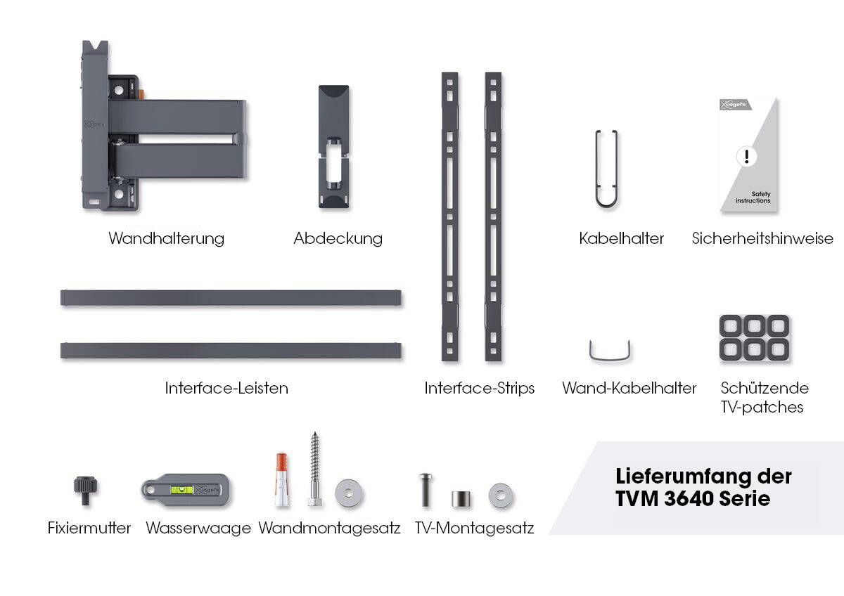 Onderdelen van de TVM 3640 serie afgebeeld: wandbeugel, afdekking, kabelhouder, interfacestrips, schroefset, veiligheids- en montagehandleiding.