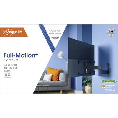 'Vogel's Full-Motion+ tv-wandbeugel voor 40-77 inch televisies. Draagbaar tot 35 kg, 180° draaihoek, milieuvriendelijke verpakking.'