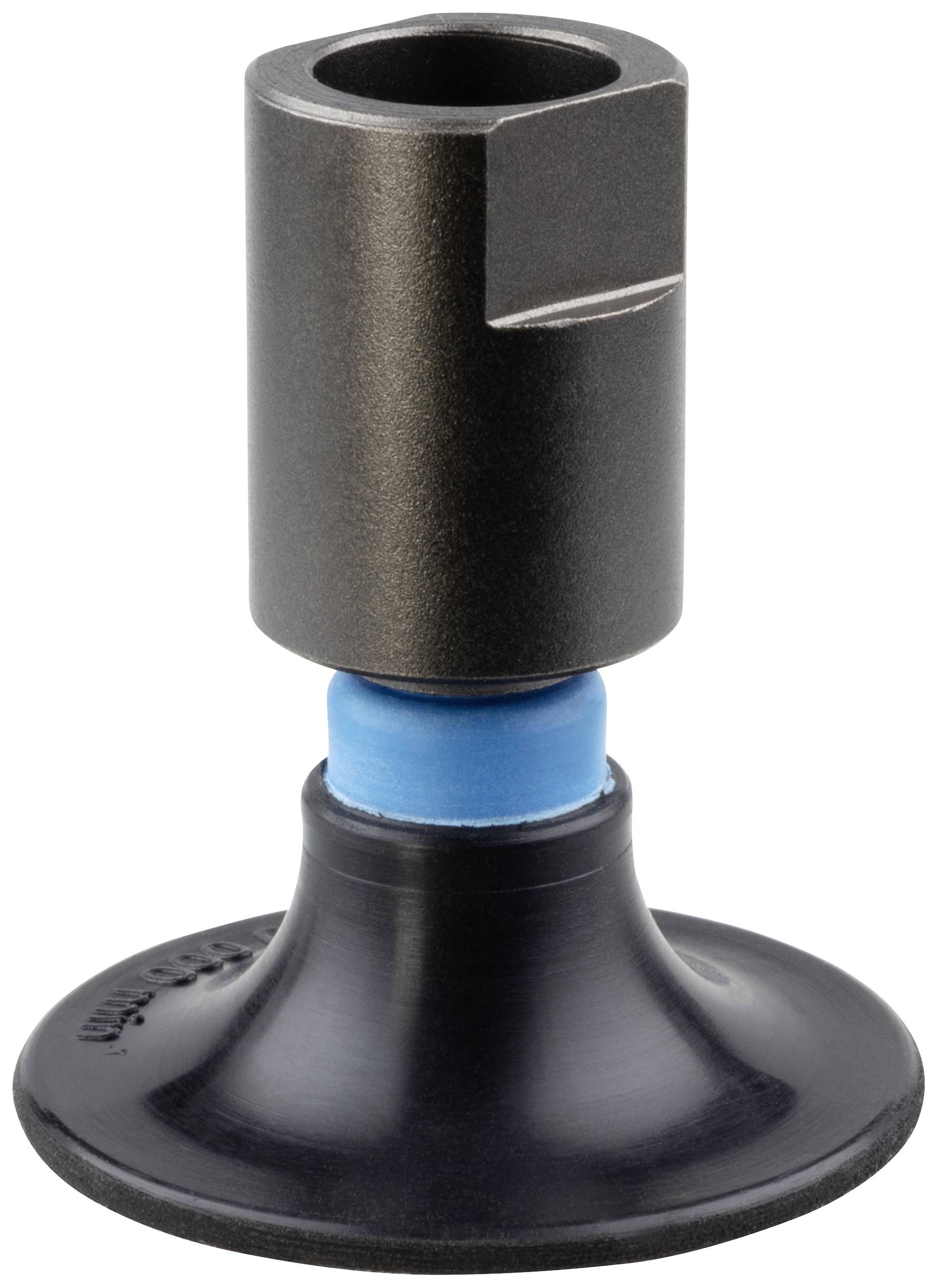 Een zuignap met een metalliek bovendeel en een zwart onderdeel, met daartussen een blauw element zichtbaar. Geschikt voor industriële toepassingen.