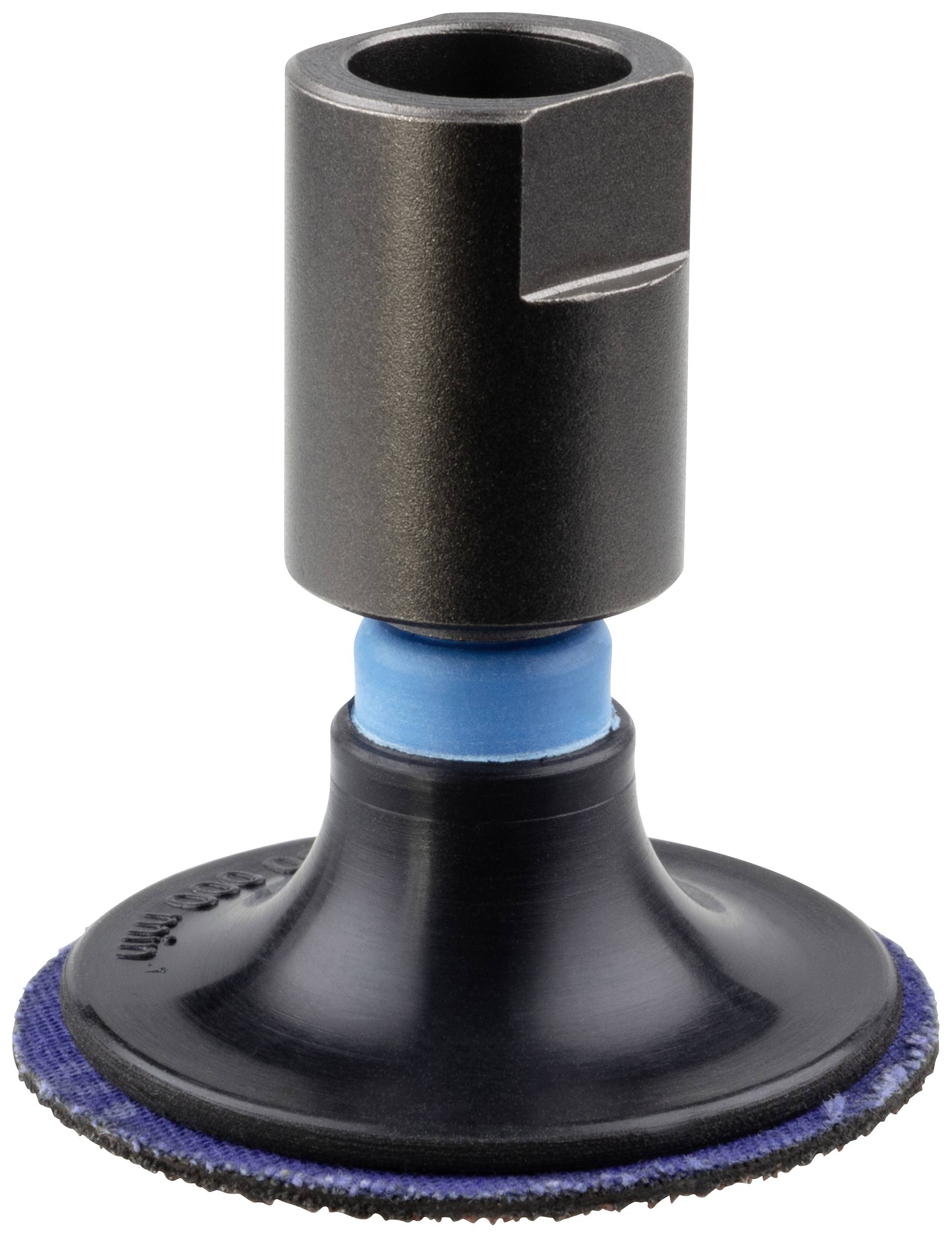 Een donkere, cilindrische gereedschapsinzet met een blauw lint en een platte, afgeronde basis. Geschikt voor montage op machines.