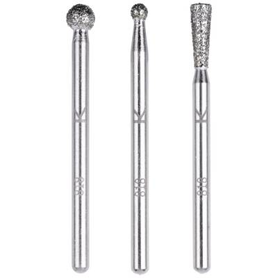 Drie tandheelkundige instrumenten met diamantgecoate punten, elk in een verschillende vorm: bolvormig, rond en conisch.