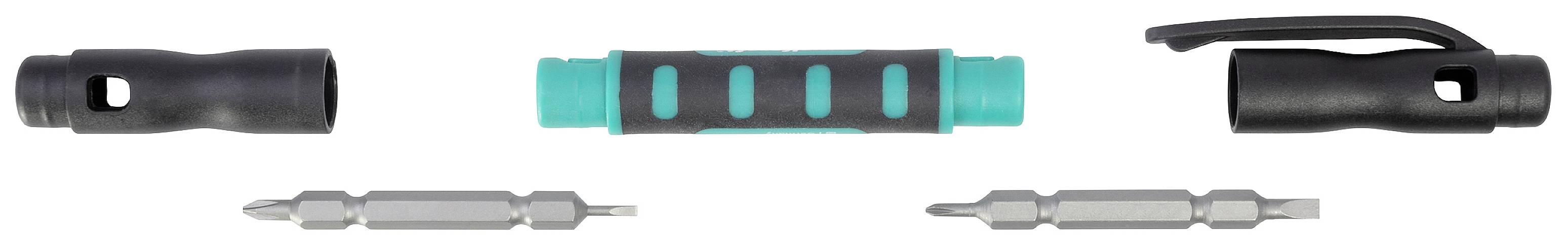 Een demonteerbare schroevendraaier met vijf onderdelen, waaronder twee handgrepen, een bithouder en twee dubbelzijdige bits.