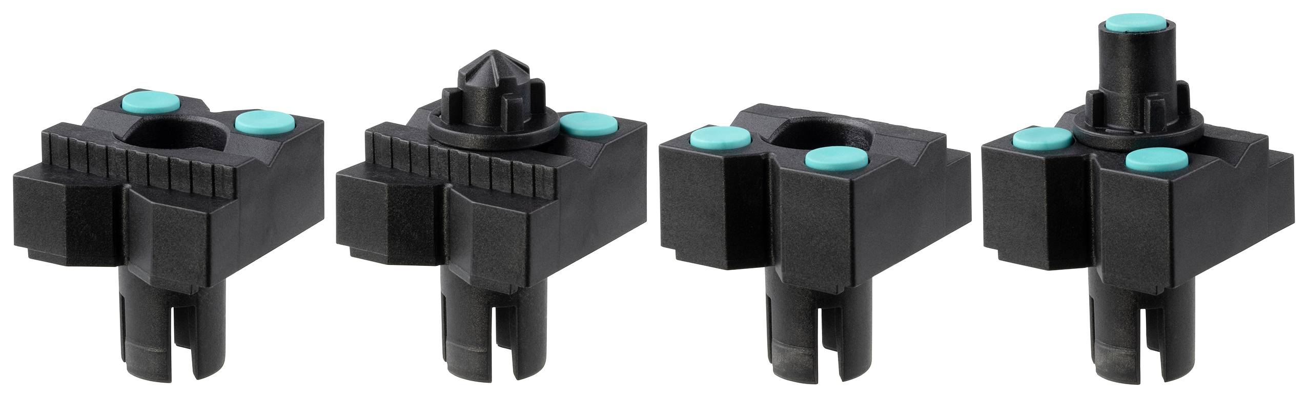 Vier zwarte, kubische kunststofcomponenten met elk twee turquoise knoppen aan de bovenkant. Elke component heeft verschillende opzetstukken.