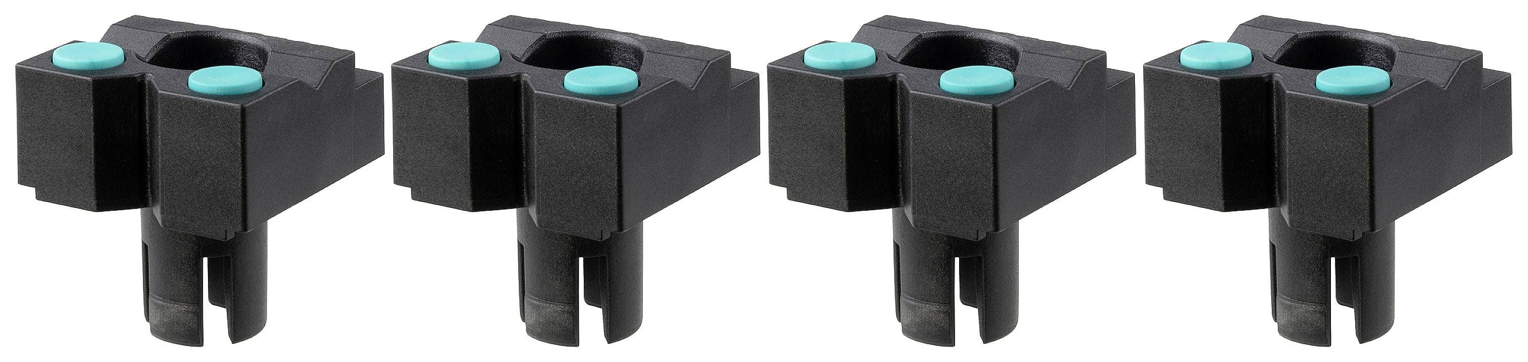 Vier identieke zwarte kunststof houders met twee turquoise knoppen bovenaan, op een rij geplaatst.