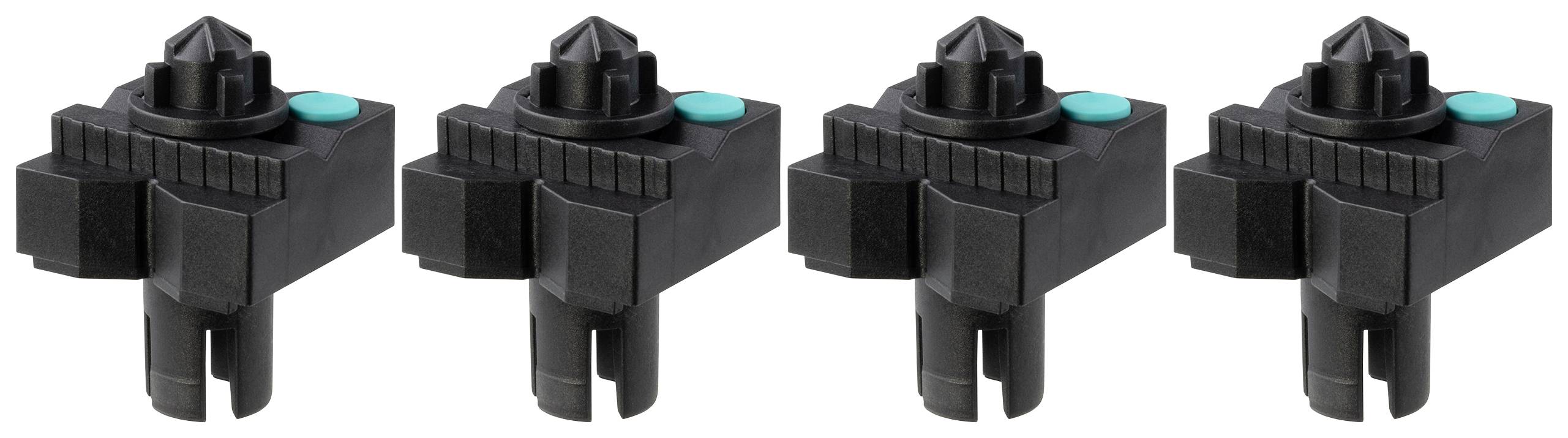 Vier identieke zwarte kunststof onderdelen met telkens een turquoise knop. Ze zien eruit als technische componenten.