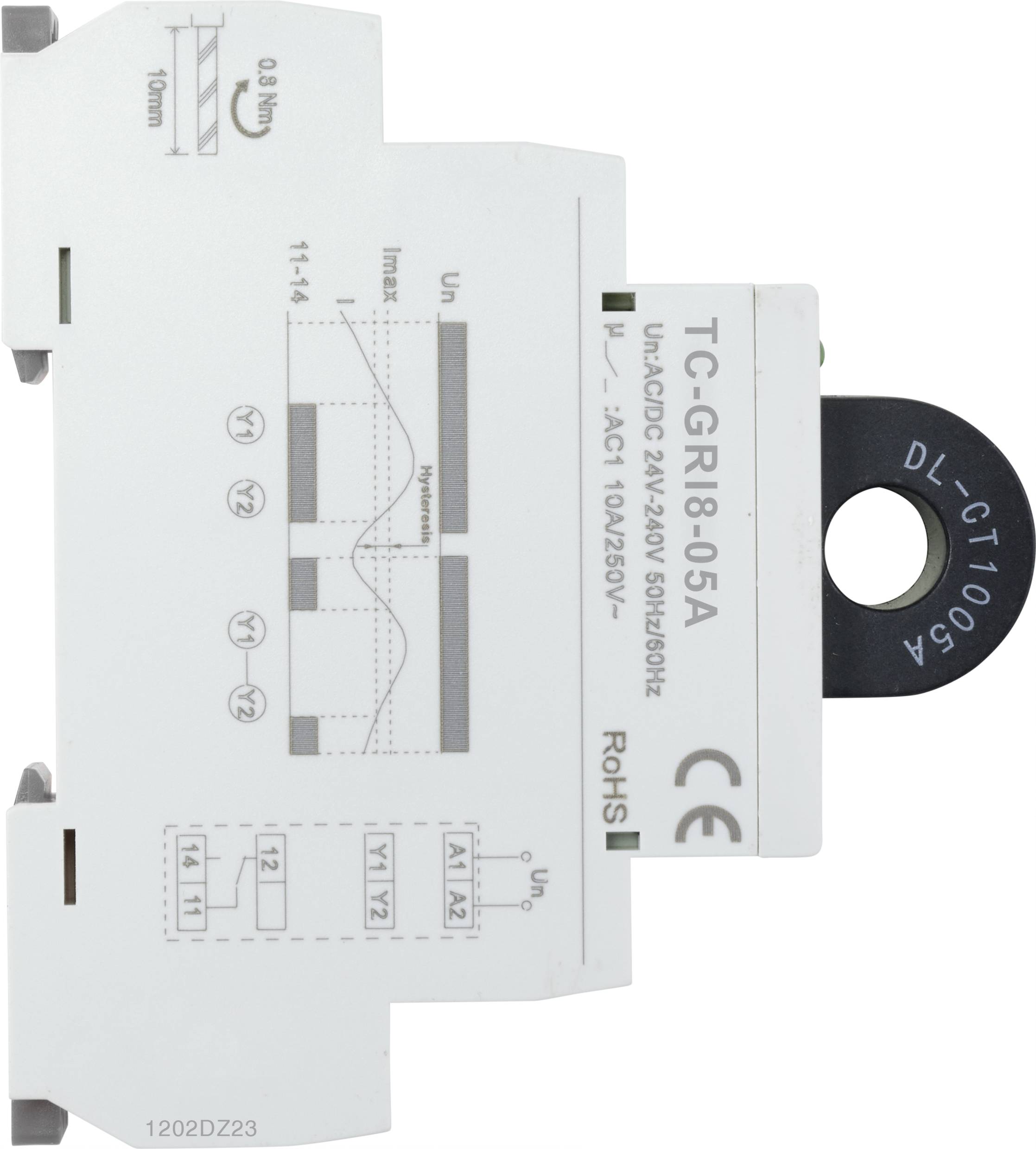 De afbeelding toont een elektrisch onderdeel, vermoedelijk een beveiligingsschakelaar of relais, met gedetailleerde labels met technische specificaties en symbolen.