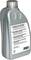 Grijze kunststof fles met schroefdop, bevat snij- en reinigingsolie voor breimachines. Etiket met productinformatie.