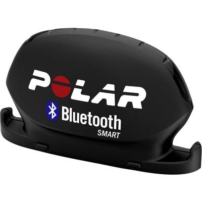 Zwarte Polar Bluetooth Smart Sensor voor hartslagmeting, toont merkenlogo en Bluetooth-logo in zijaanzicht.