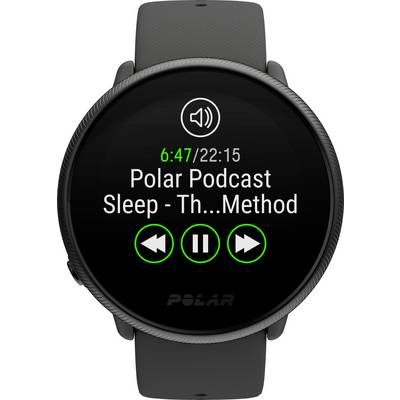 Smartwatch toont 'Polar Podcast Slaap - Th...Methode', voortgang bij 6:47 van 22:15, met knoppen voor afspelen/pauzeren en navigatie.