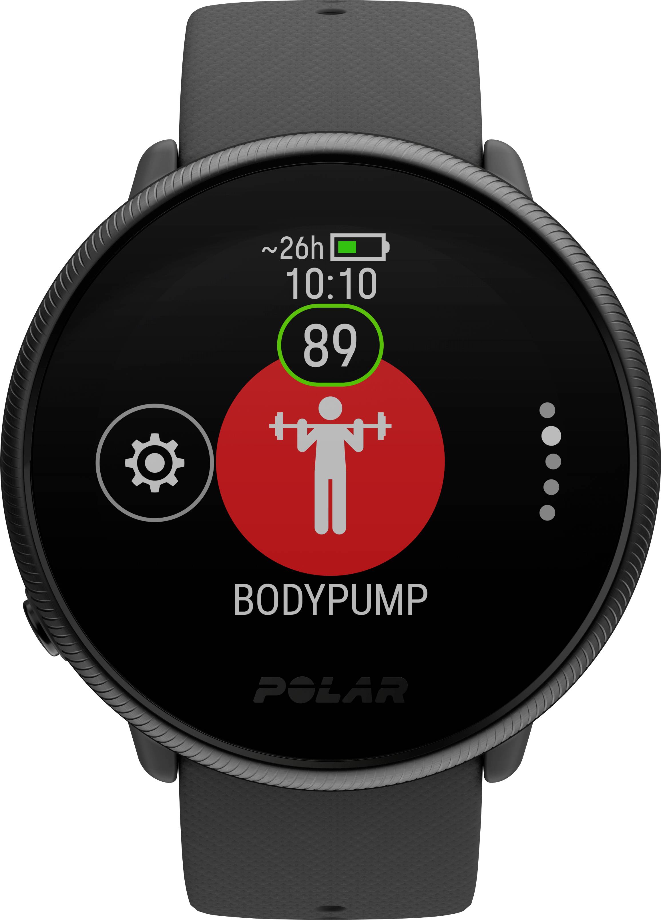 De smartwatch toont een fitness-app met 'BODYPUMP', een geanimeerde figuur met gewichten en een hartfrequentie van 89.