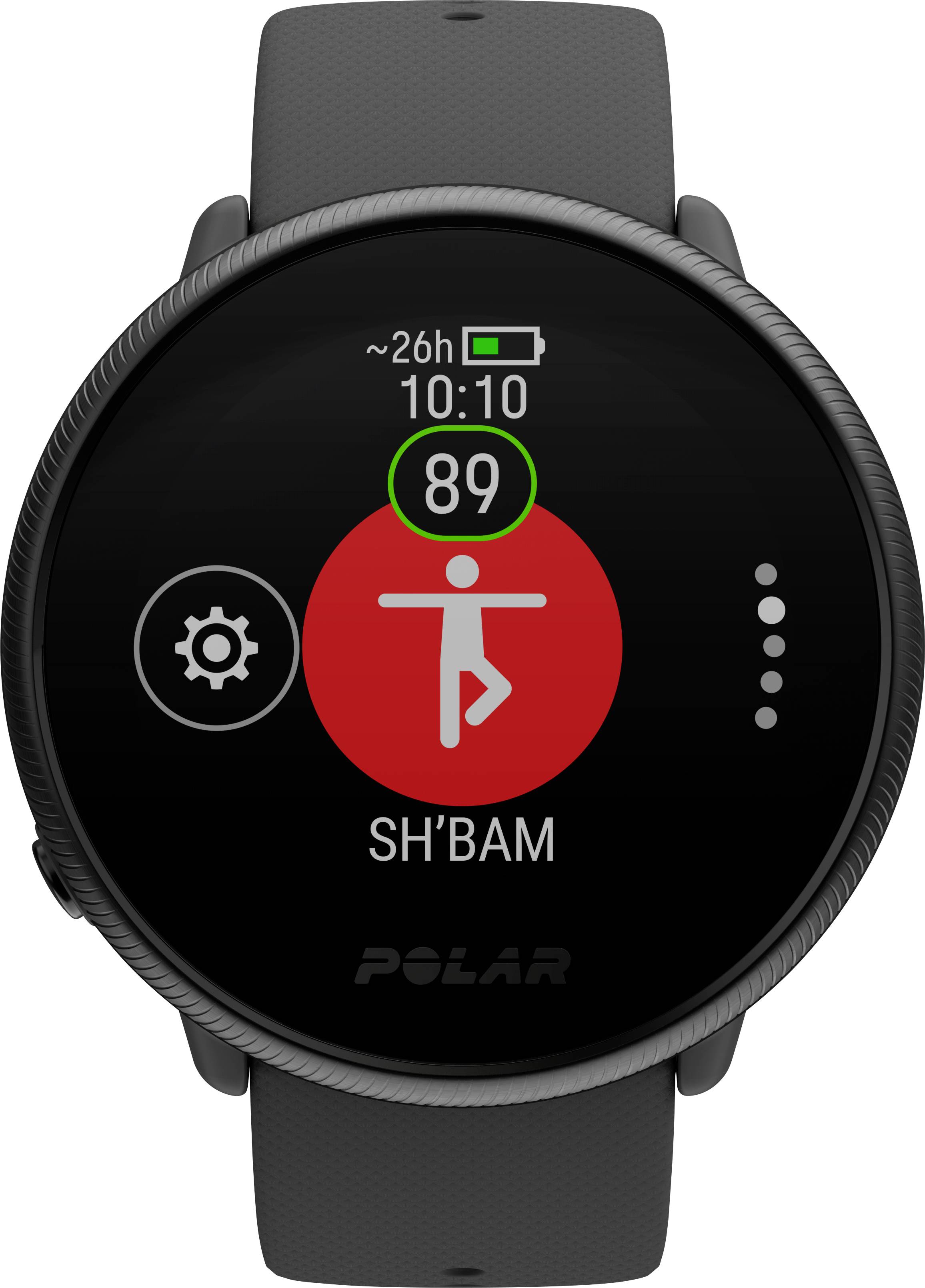 Smartwatch toont trainingsmodus 'SH'BAM', met hartslag van 89 en batterijstatus van 26%. Huidige tijd: 10:10.