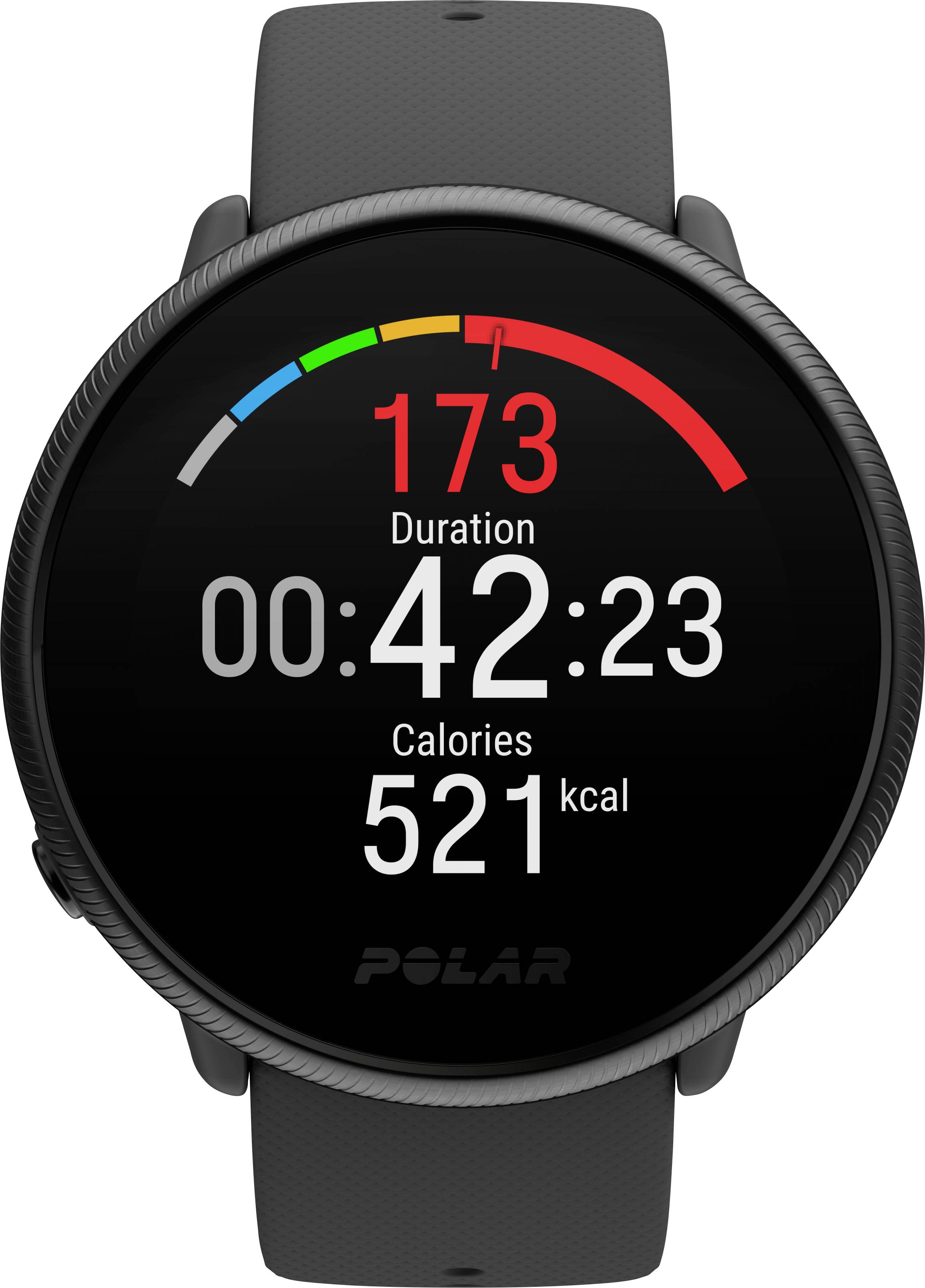 Smartwatch met zwarte polsband toont rood symbool voor hartfrequentie 173 bpm, trainingsduur 42:23 minuten en calorieënverbruik 521 kcal.