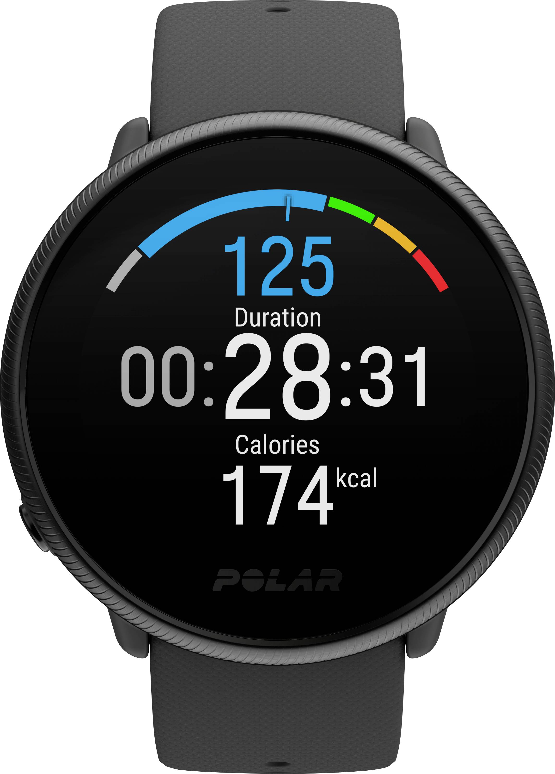 Zwarte smartwatch toont op het display: Hartfrequentie 125 bpm, duur 28 minuten 31 seconden, calorieënverbruik 174 kcal.