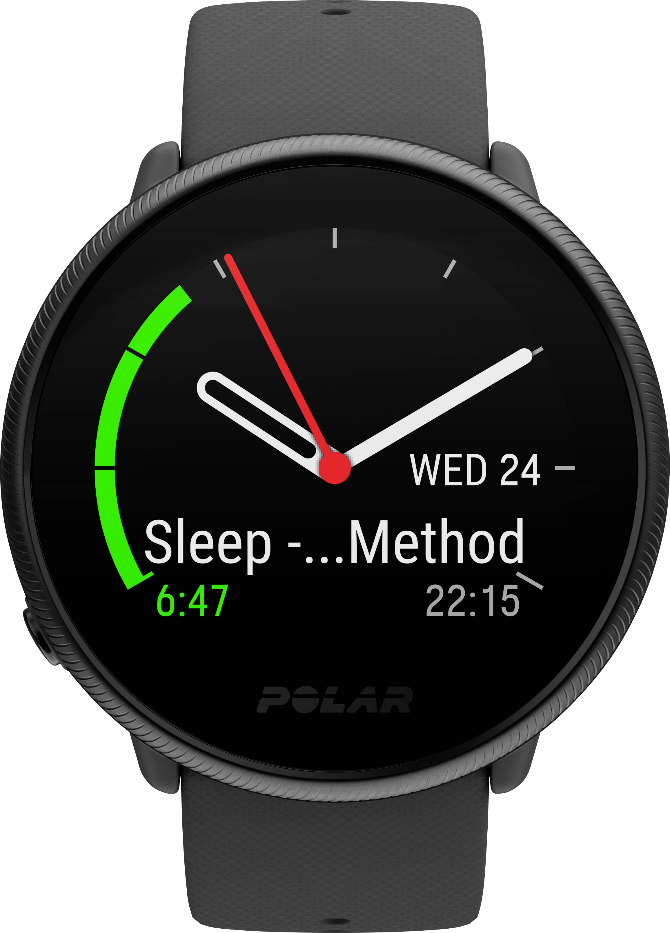 Smartwatch met zwarte wijzerplaat toont analoge tijd, 6:47 uur/22:15 uur, datum 'Wo 24' en 'Slaap Methode'-weergave.
