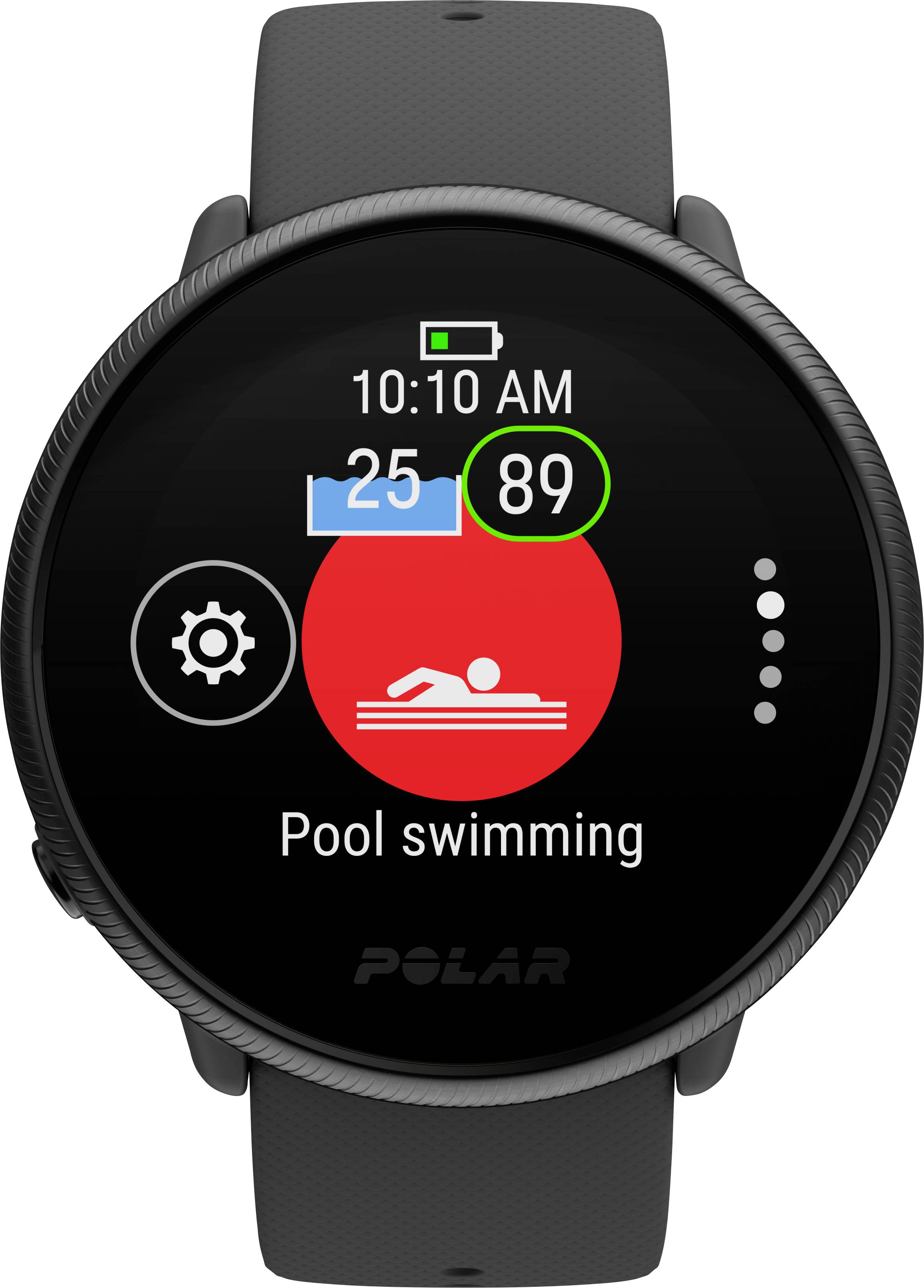 Smartwatch met weergave 'Zwemmen in zwembad', datum 25. Sleutelwaarde 89. Zwemeenheid-symbool gemarkeerd.