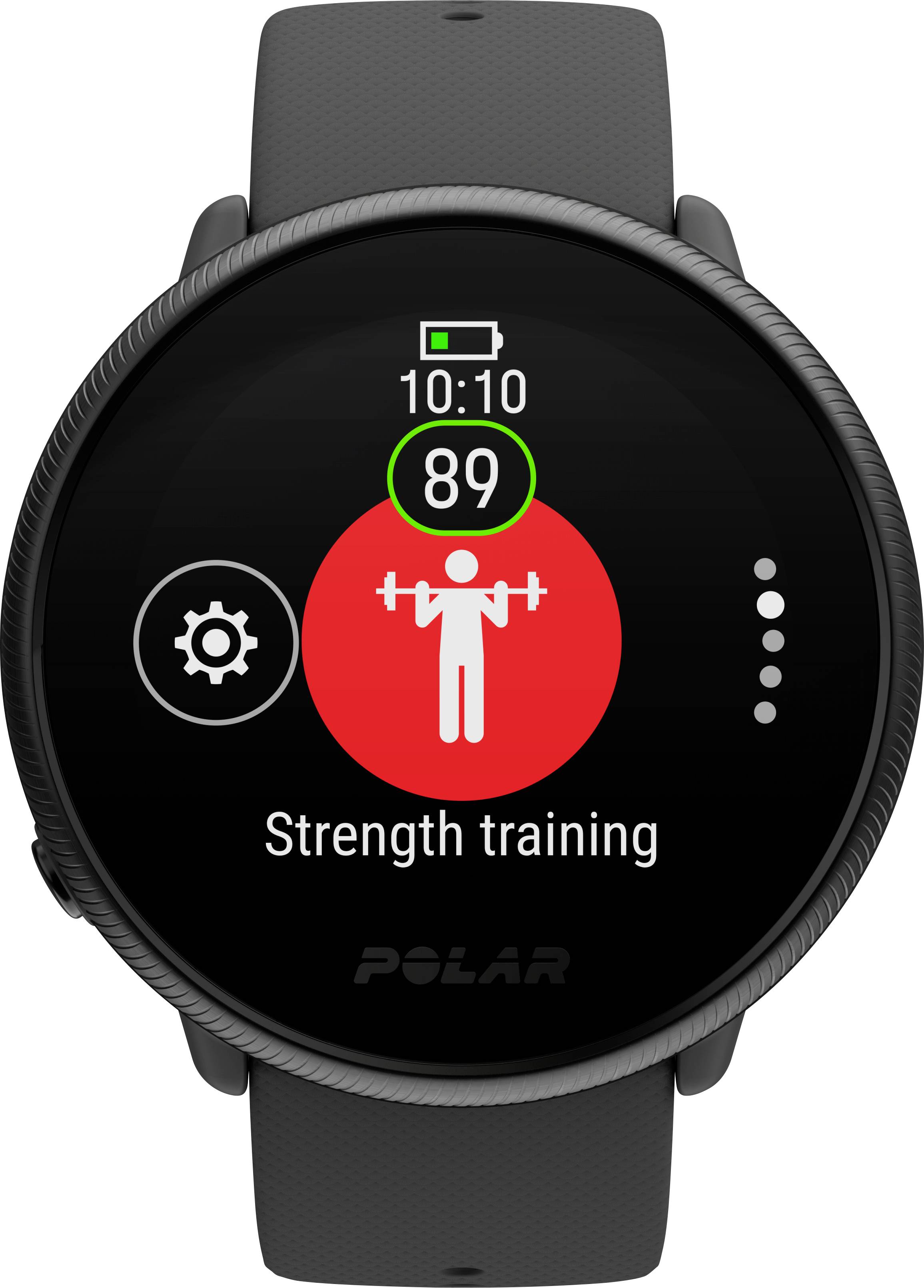 Smartwatch met weergave voor 'Krachttraining', rood symbool met figuur en halters, tijd 10:10, hartslag 89, batterijsymbool.