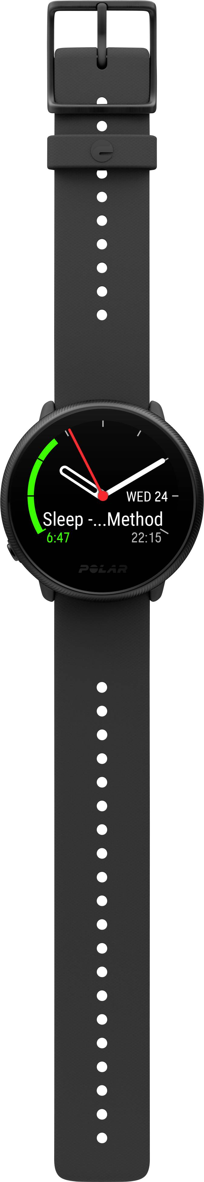 Een zwarte smartwatch met een rond display toont datum en tijd. Op het scherm staat 'Sleep Method' en een gekleurde activiteitsindicator.