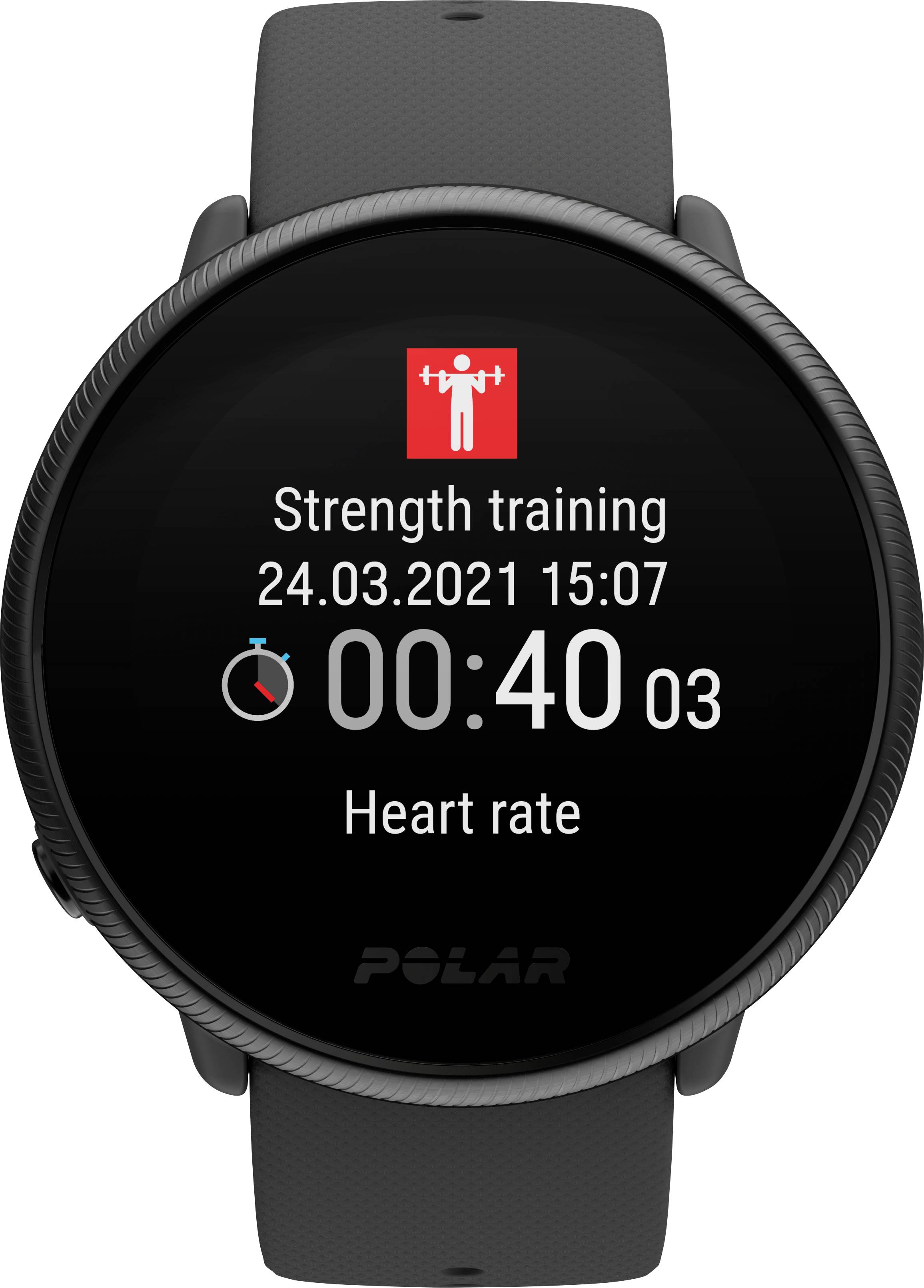 Zwarte sporthorloge toont 'Krachttraining', datum en tijd '24.03.2021 15:07', duur '00:40:03', en 'Hartslag'.