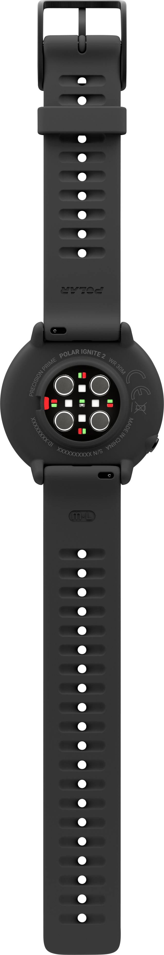 Zwarte smartwatch met rond behuizing en siliconen polsband, achterkant zichtbaar met sensoren in het midden.