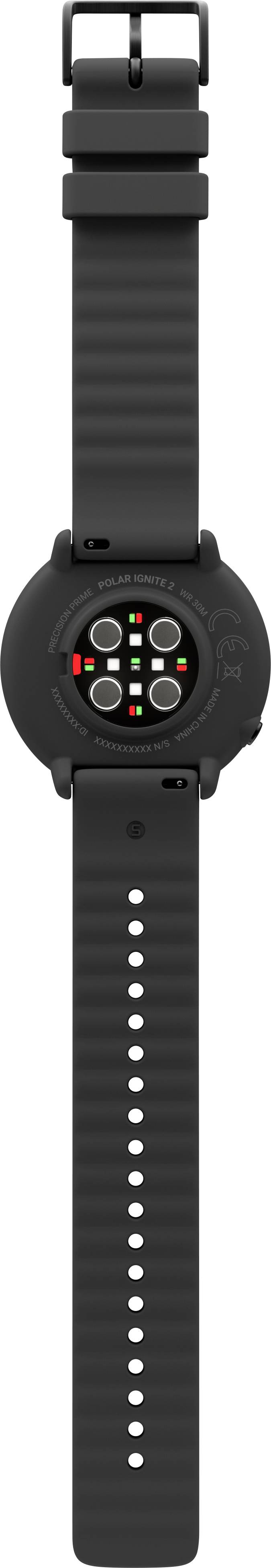 Zwarte smartwatch met sensoren aan de achterkant en een verstelbare polsband, zonder zichtbare weergave of wijzerplaat.