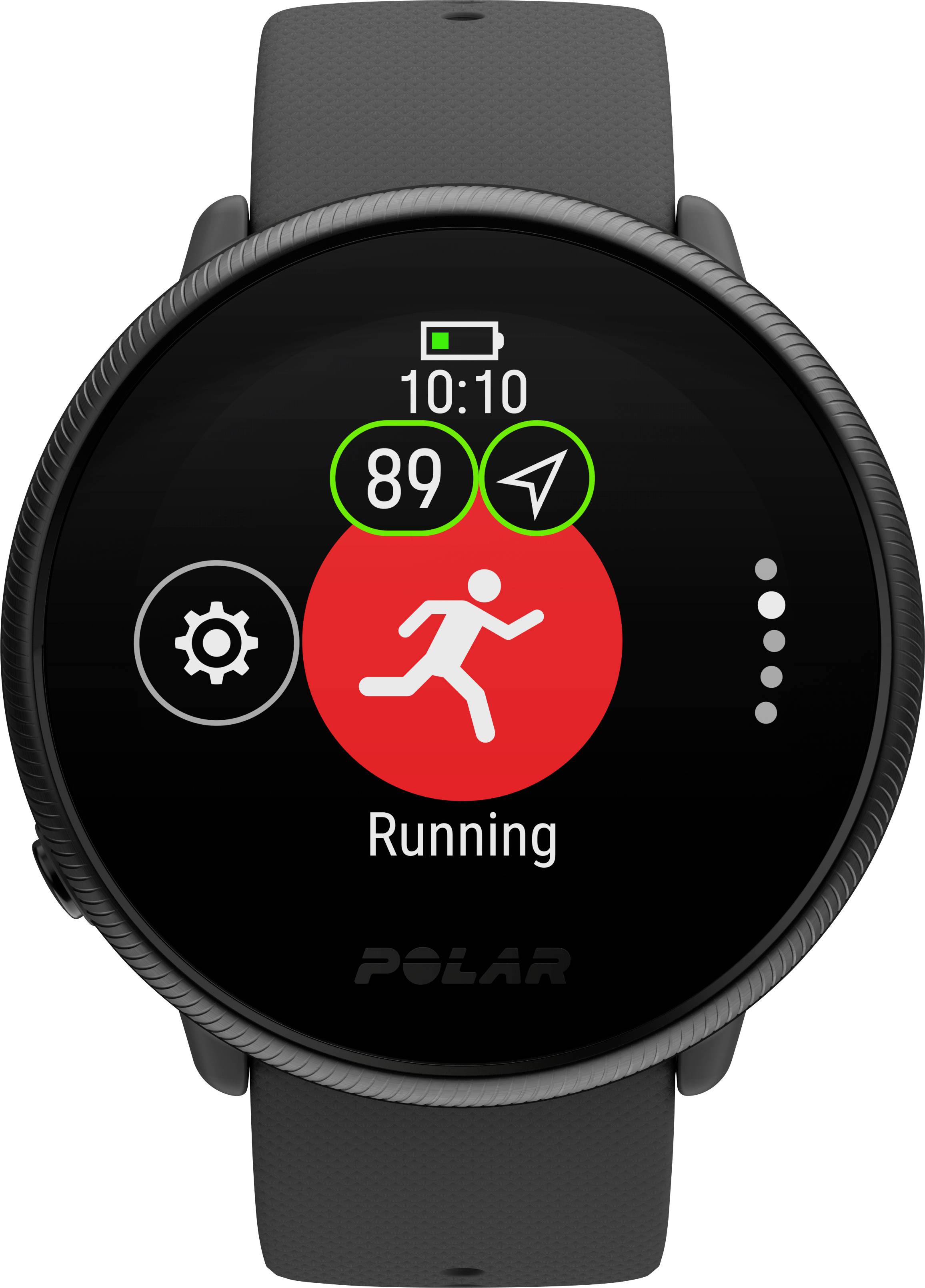 Smartwatch-scherm toont 'Running'-app met rood symbool. Bovenaan batterijniveau-indicator en tijd 10:10. Fitnesstatistieken bij 89%.