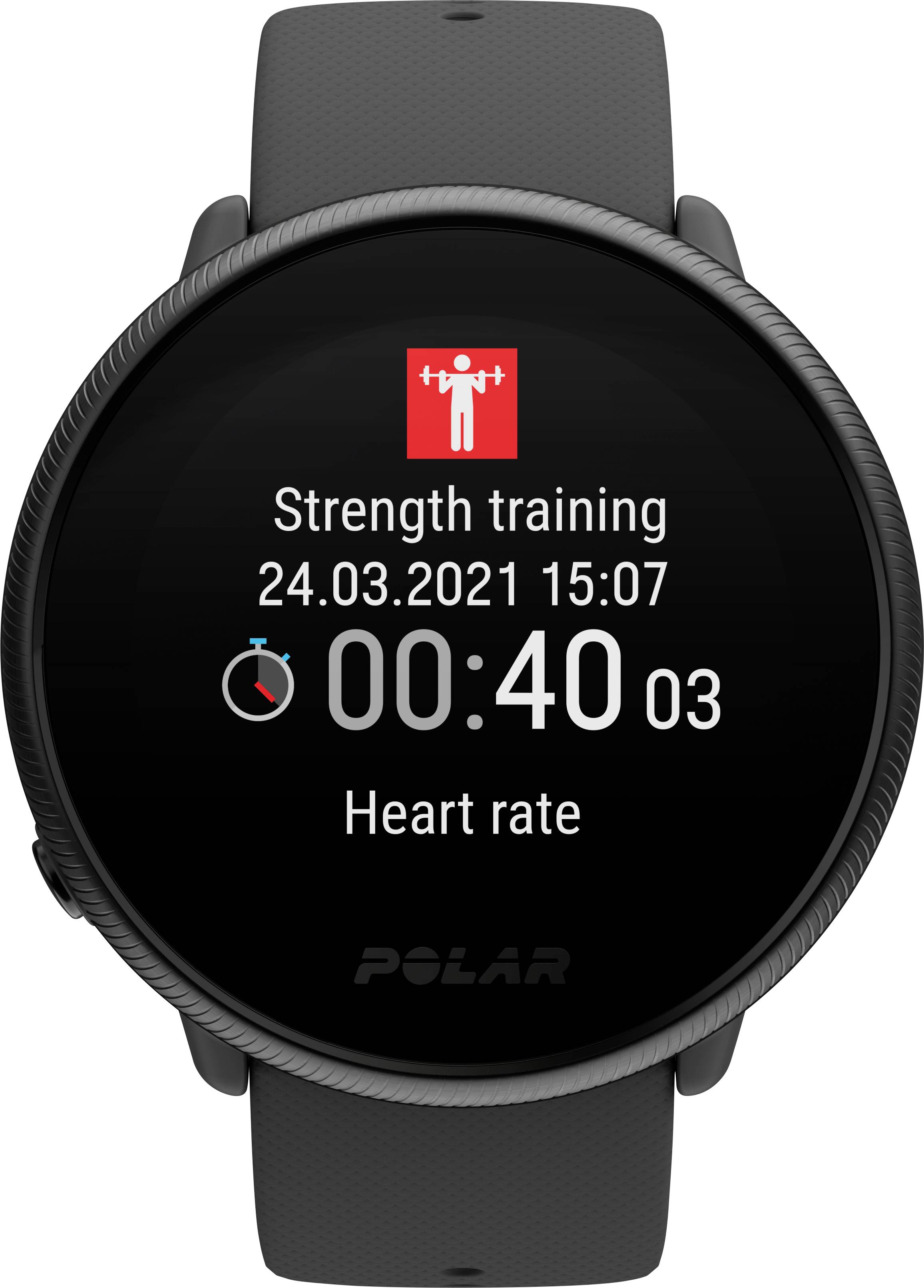 De smartwatch toont 'Krachttraining', datum '24-03-2021', tijd '15:07', duur '00:40:03', en 'Hartslag'-functie.