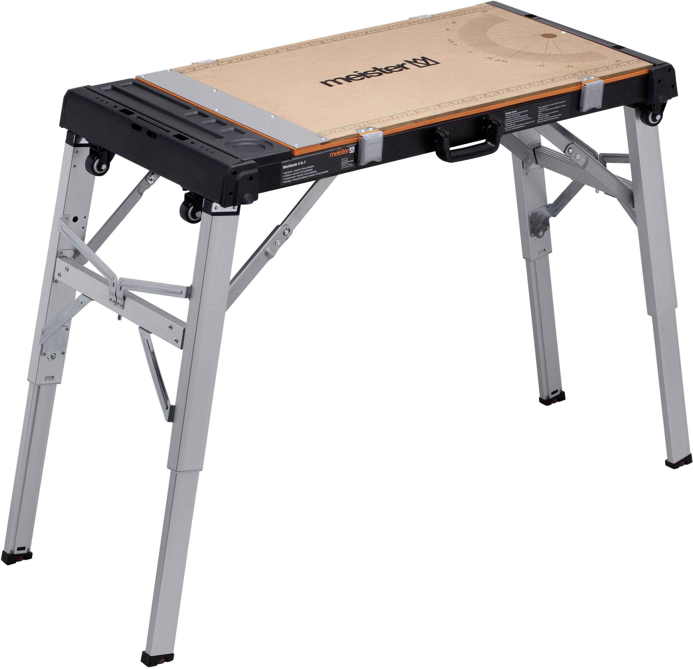 Een opvouwbare werktafel van metaal en hout, met verstelbare hoogte. Ideaal voor werkplaatswerkzaamheden en mobiel gebruik.