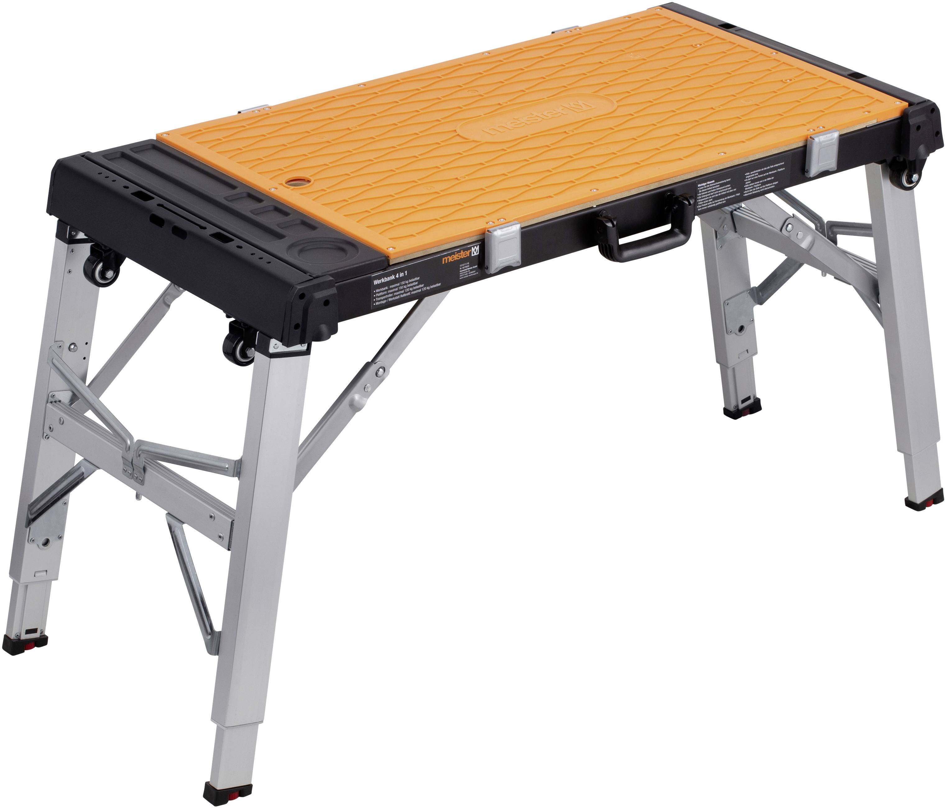 Opvouwbare werktafel met een oranje werkblad en zilveren poten. De tafel is draagbaar, stevig en in hoogte verstelbaar.