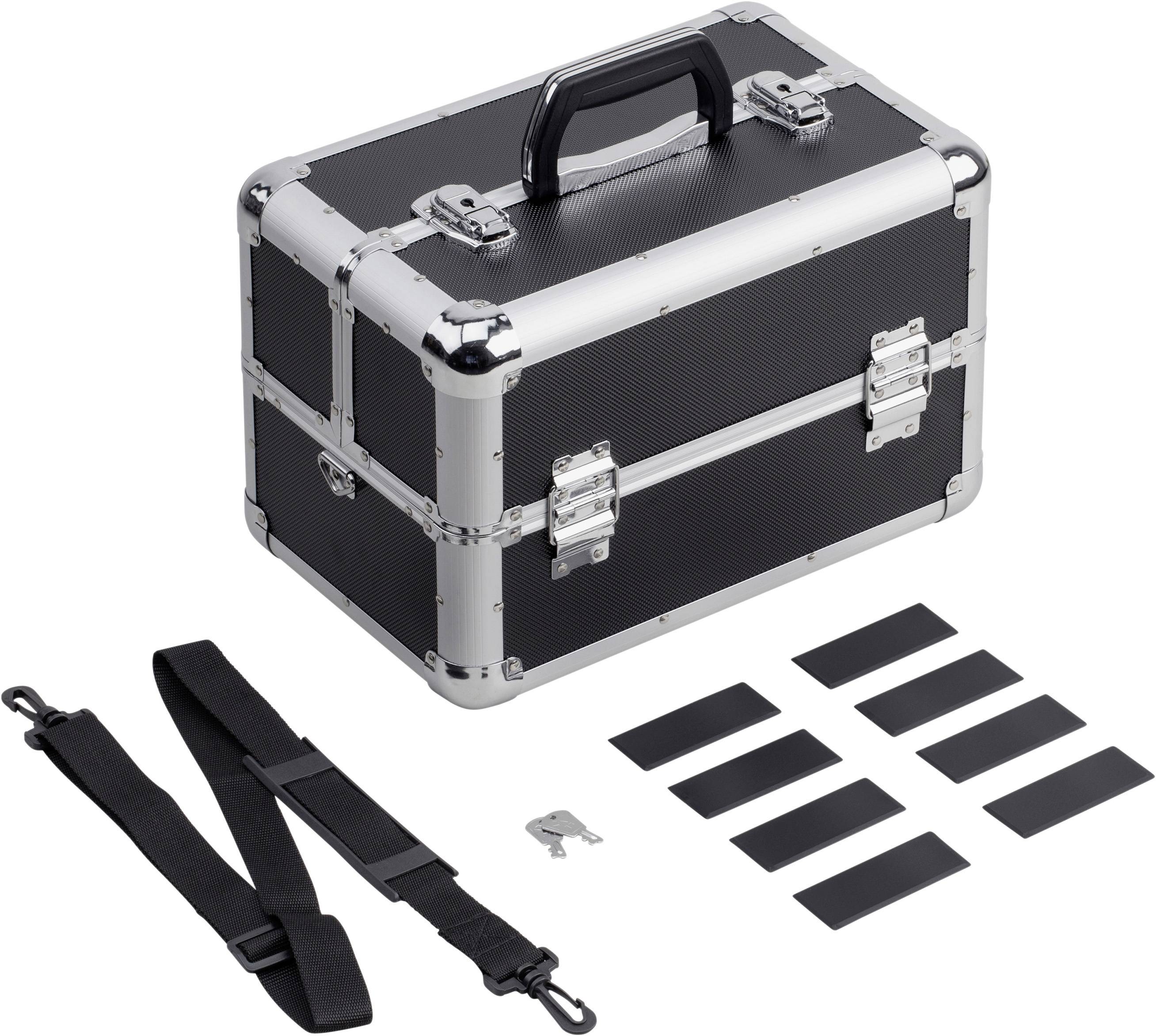 Zwarte aluminium koffer met handgreep, ernaast een afneembare schouderband, acht zwarte kaarten en een sleutel.