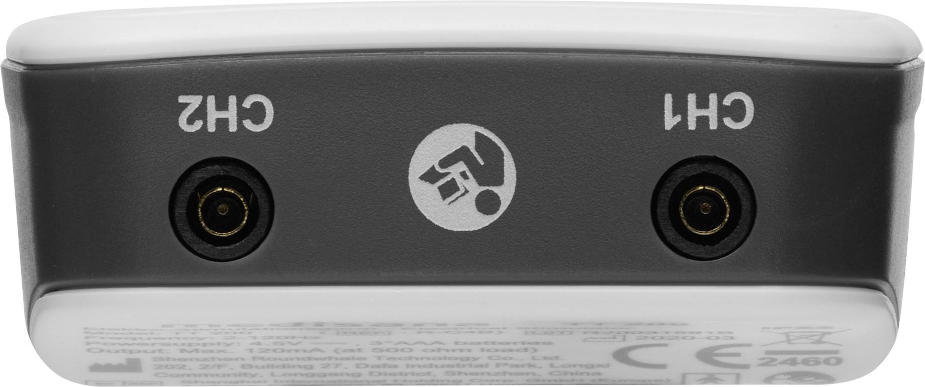 De afbeelding toont de onderkant van een apparaat met twee audio-ingangen, gemarkeerd als 'CH1' en 'CH2'.