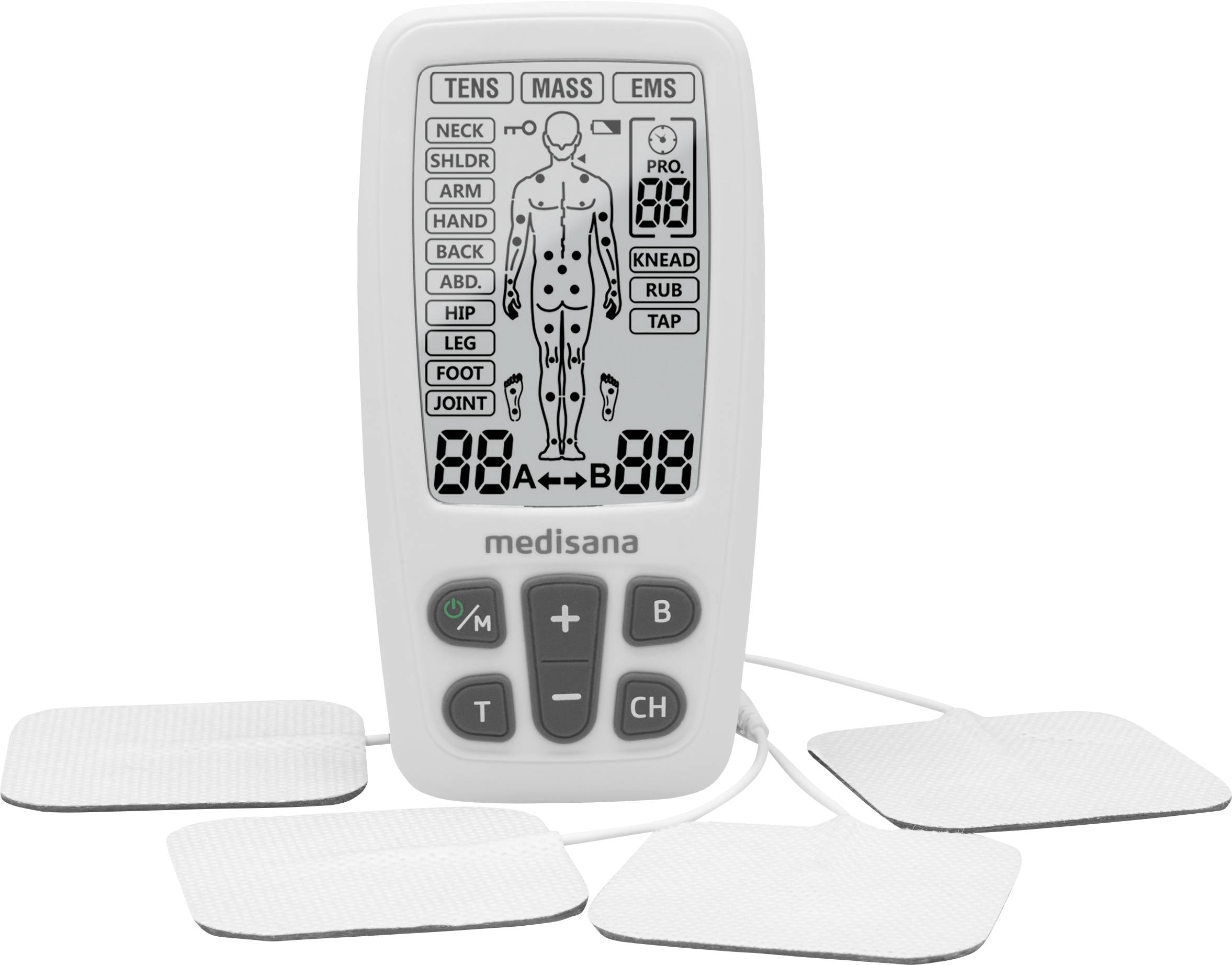 Elektrostimulatie-apparaat met display toont opties voor lichaamsdelen, moduskeuze (TENS, MASS, EMS) en intensiteitsinstellingen.