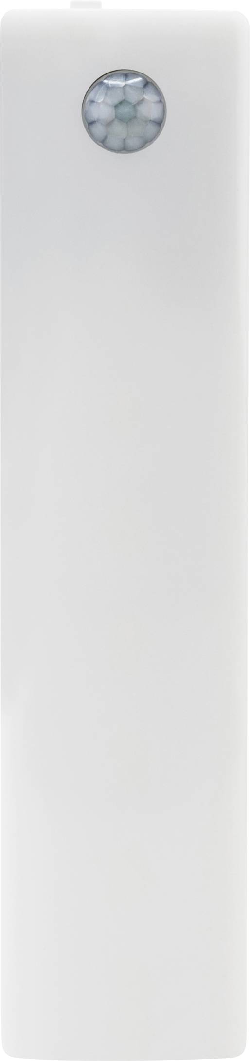 Een witte, langwerpige bewegingsmelder met een kleine sensor aan de bovenkant.