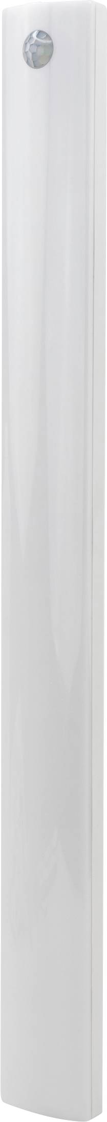 Lange, witte, rechthoekige voorwerp met afgeronde hoeken en een kleine, ronde metalen handgreep bovenaan.