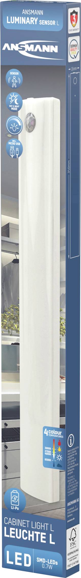 Verpakking van de Ansmann LED-lamp L met bewegingsmelder. Geschikt voor kasten. Batterijgevoed, energiezuinig en duurzaam.